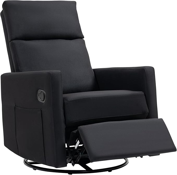 Swivel Rocker Recliner Chairs Set of 2, Upholstered Fabric Nursery Rocking Glider Chair with Adjustable Backrest and Footrest, Lay Flat Recliner Single Lazy Sofa for Living Room(Black)