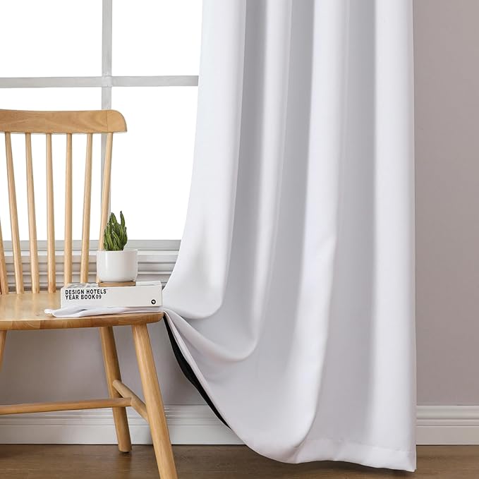 ChrisDowa 100% Blackout Curtains 63 inch Long for Bedroom with Black Liner, 2 Thick Layers Total Blackout Thermal Insulated Grommet Window Curtains 2 Panels Set (Pure White, 38 x 63 Inch)