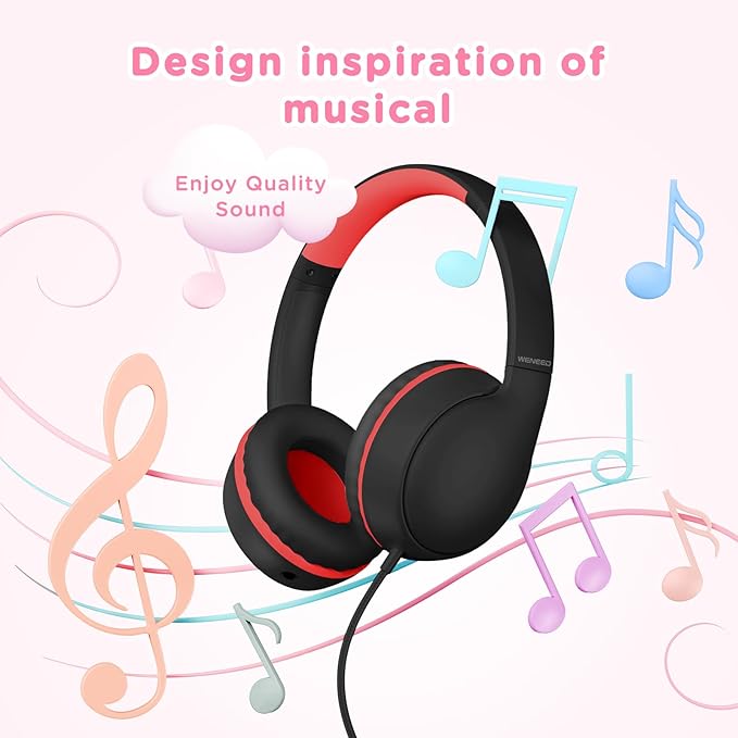 Kids Headphones Wired with Microphone, Over Ear 85/94dB Volume Limited Headphones with Share Port, Stereo Sound Foldable Headset for Teens/Boys/Girls-Black Red