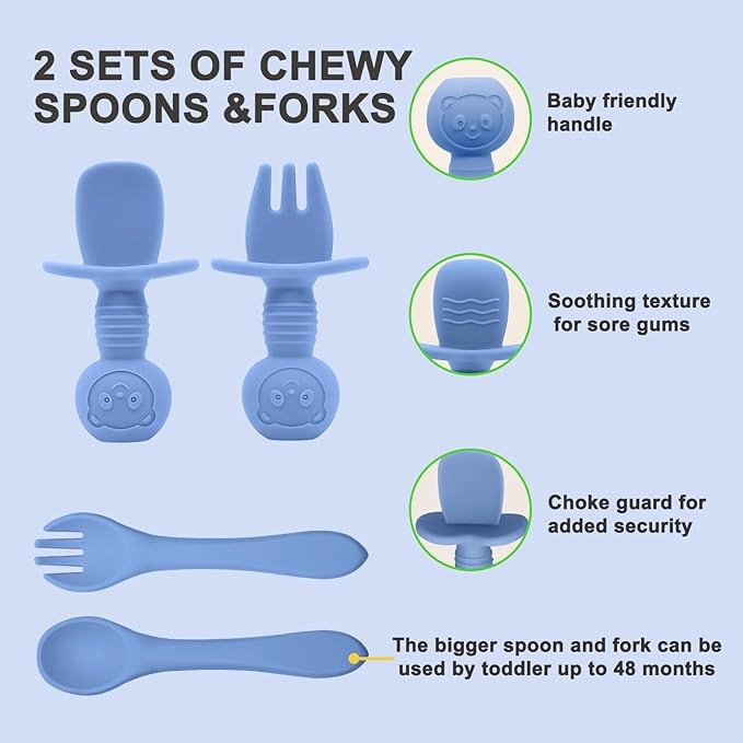 Silicone Baby Feeding Set | Baby Led Weaning Supplies Includes Suction Bowls and Divided Plates, Adjustable Bib, Baby Utensils Spoons and Forks,Cup | Baby Feeding Essentials (Deep Blue)