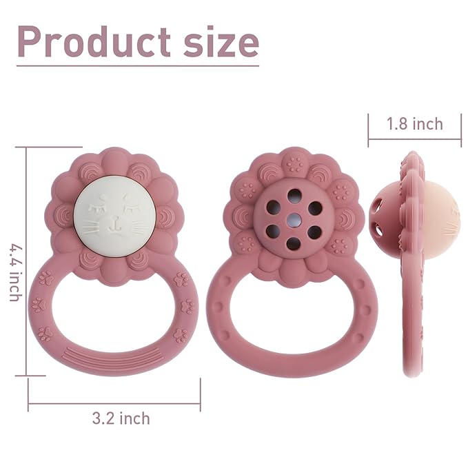 Rattle Teether, Lion Shape Montessori Baby Sensory Teething Toys, Food Grade Silicone BPA Free, Newborn Essentials Must Haves (Shifting Sand Dusty Lilac)