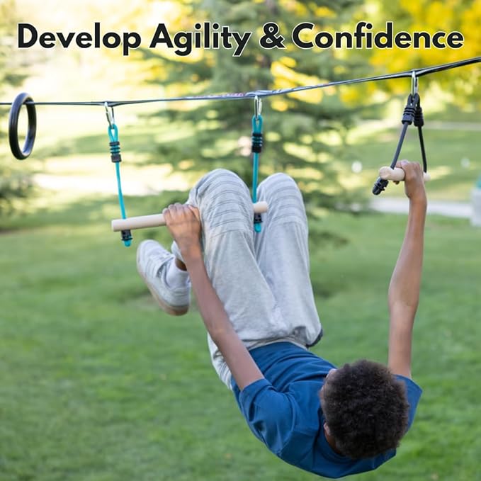 Slackers Ninjaline - 36' Intro Kit - Includes 7 Hanging Attachments - Best Outdoor Ninja Warrior Training Equipment For Kids - Build Your Very Own Backyard Obstacle Course - Rated Ages 5+