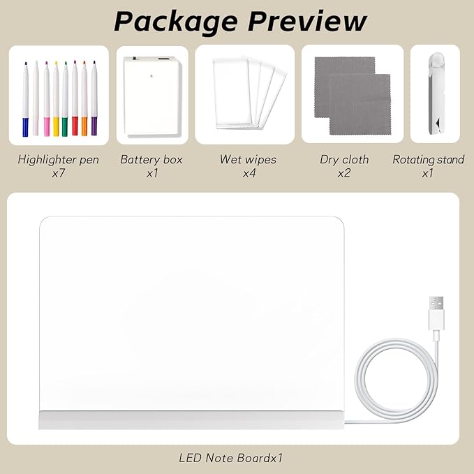 Led Note Board,Doodle Glow,Led Drawing Board for Kids,Acrylic Dry Erase Board with Light and 7 Colors Pens,LED Note Board with Colors for Office School Home (11.8x7.8 inches)