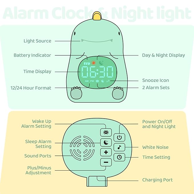 Dinosaurs Alarm Clock with Night Light for Kids with Sleep Training and Sound Machine, Rechargeable Silicone Lamp OK to Wake Clock,Cute Animal Tabletop Lamp, Perfect Sleep Companion for Boys Girls