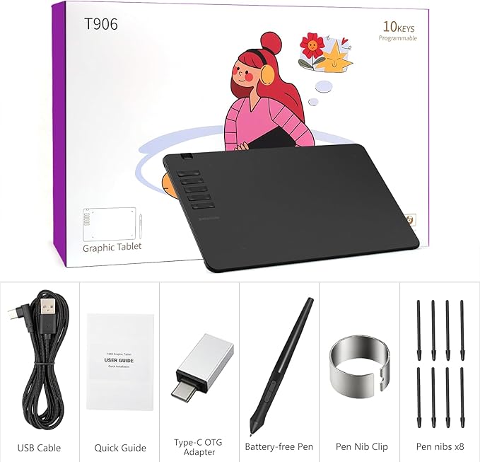 T906 Graphics Drawing Tablet, 10x6.25 Inch Digital Art Tablet with 8192 Pressure Sensitivity Battery-Free Stylus, 10 Shortcut Keys, Ultra-Thin Pen Tablet for Mac, Windows PC and Android