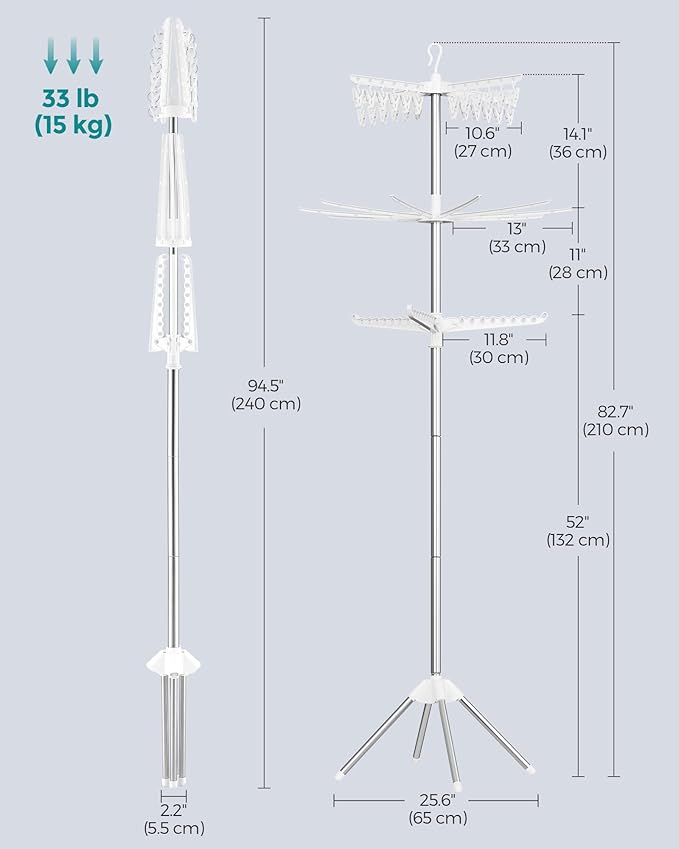 SONGMICS 3-Tier Clothes Drying Rack, 82.7-Inch Folding Laundry Drying Rack with 11 Rotatable Arms for Hangers, 24 Clips, Stainless Steel, for 27 Pieces of Clothes, White and Silver ULLR513W01