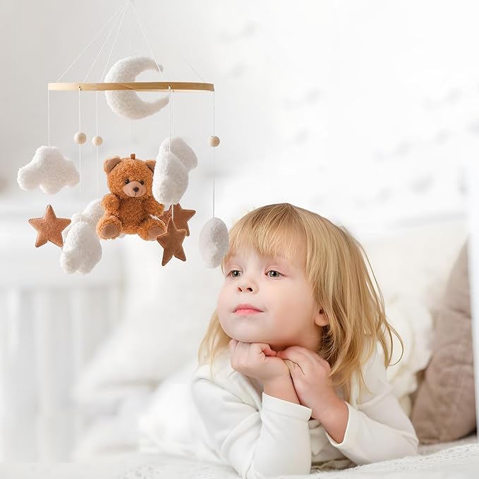 EERKEOD Baby Crib Mobile Bear Nursery Mobile for Boys Girls Teddy Velvet Mobile Nursery Decor for Infant Bedroom Hanging Baby Mobile for Bassinet Newborn Baby Gift(Brown Bear)