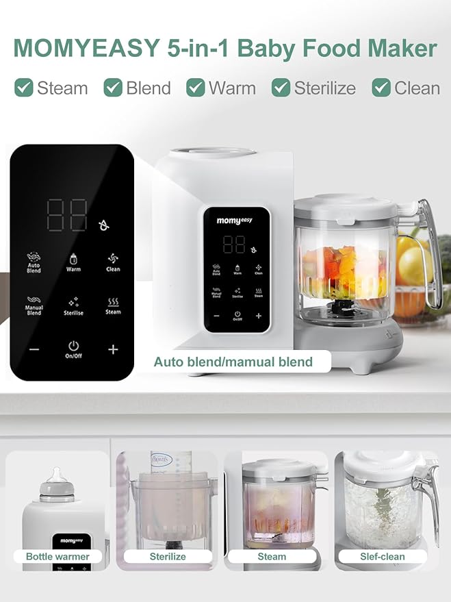 MOMYEASY Baby Food Maker, Baby Food Steamer and Puree Blender, Food Processor Chopper Grinder Steamer in-One, Auto Cooking & Grinding with Touch Control Panel&Self Cleans, BPA-Free