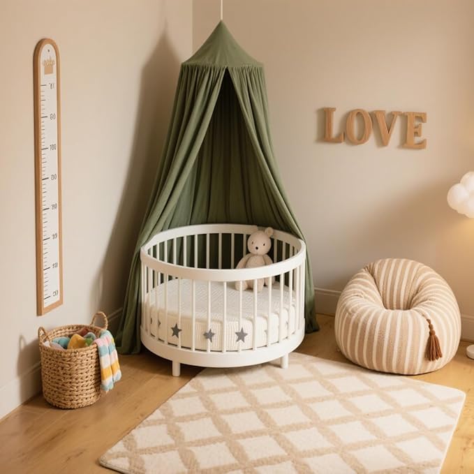 Cotton Kids Bed Canopy, Nursery Room Baby Crib Hanging Curtain Mosquito Net Hideaway Bedding Children Reading Nook Decoration, Pastel Neutral Color for Boys & Girls (Small Green)