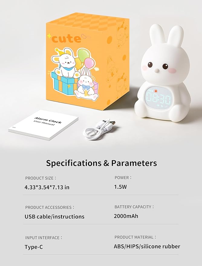 MASHI Bunny Alarm Clock, Toddler Sleep Training Clock with Sun & Moon, Sleep Sound Machine, Night Lights, Alarm Clock for Kids, Gift Ideas for Kids Child