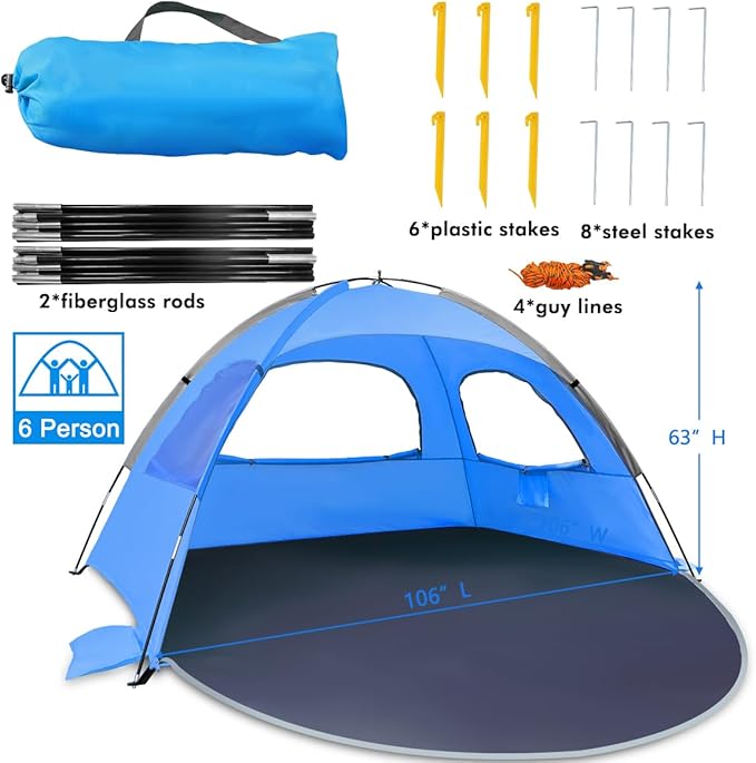 NXONE Beach Tent Sun Shade Shelter for 3/4/6 Person Person with UV Protection, Extended Floor, 3 Mesh Roll Up Windows & 8.0/8.5mm Fiberglass Rods丨Carry Bag Included