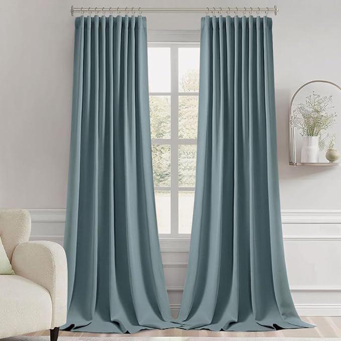 MIULEE Greyish Blue Back Tab Blackout Curtain 96 Inch Long 2 Panels Set for Bedroom, Rod Pocket/Pinch Pleat Thermal Insulated Living Room Darkening Pleated Light Blocking Floor to Ceiling Drape