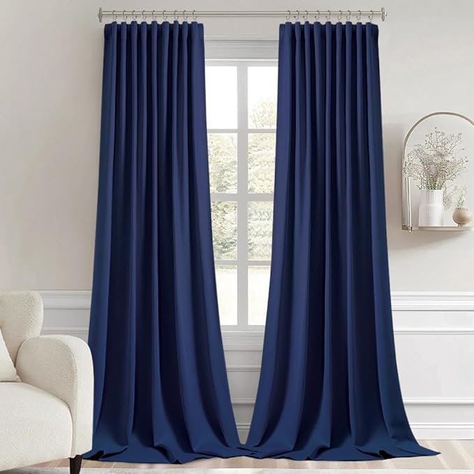 MIULEE Navy Blue Back Tab Blackout Curtains 108 Inch Long 2 Panels Set for Bedroom, Rod Pocket/Pinch Pleat Extra Long Thermal Insulated Living Room Darkening Pleated Light Blocking Drapes