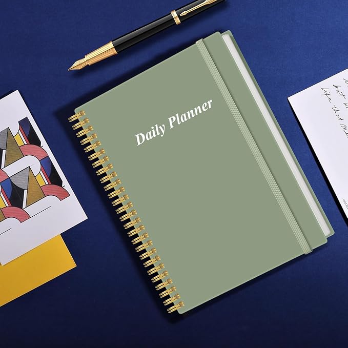 Daily Planner Undated - B5 To Do List Notebook Hourly Schedules, Spiral Appointment Planner for Women and Men, PVC Hardcover, Inner Pocket, Elastic Closure, 7" x 10", Green