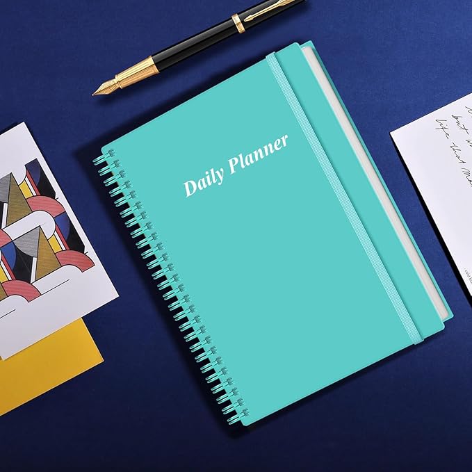 Daily Planner Undated - B5 To Do List Notebook Hourly Schedules, Spiral Appointment Planner for Women and Men, PVC Hardcover, Inner Pocket, Elastic Closure, 7" x 10", Teal