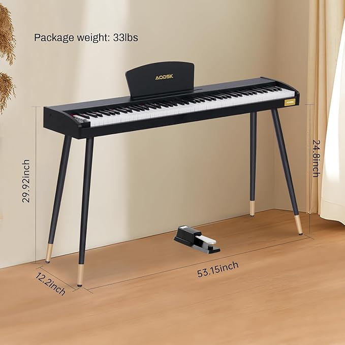 AODSK Beginner Digital Piano 88 Key Keyboard,Full-size Electric Piano for Beginners,with Sheet Music Stand,Pedal,Power Adapter,Headphone Mode,USB-MIDI,Piano Lessons,Black,-Comes with headphones