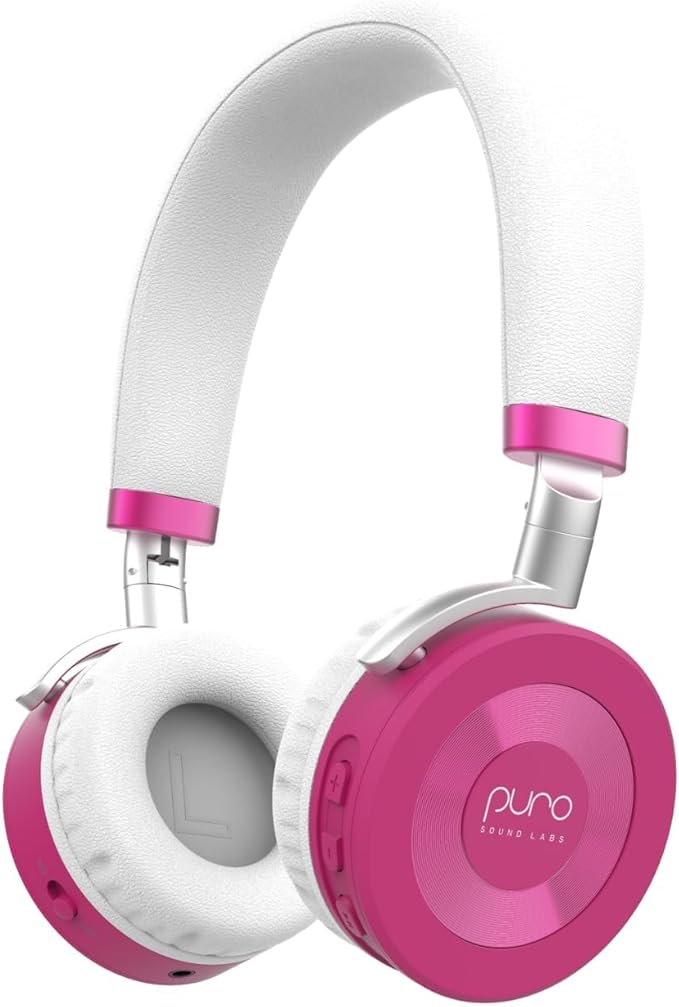 Puro Sound Labs JuniorJam Plus Volume-Limiting Wireless Bluetooth Headphones for Kids, Secure Audio with Adjustable On-Ear Design, 22-Hour Battery, Ideal for Tablets, Smartphones & PCs - Pink
