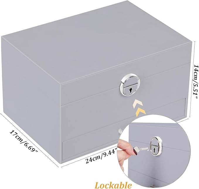 Earring Jewelry Box for Women Girls Stud Organizer, 5 Layers Grey Jewelry Organizer Box With Lock Earring Holder Organizer Ring and Necklace Jewelry Box with Earrings Holder for Women Girls