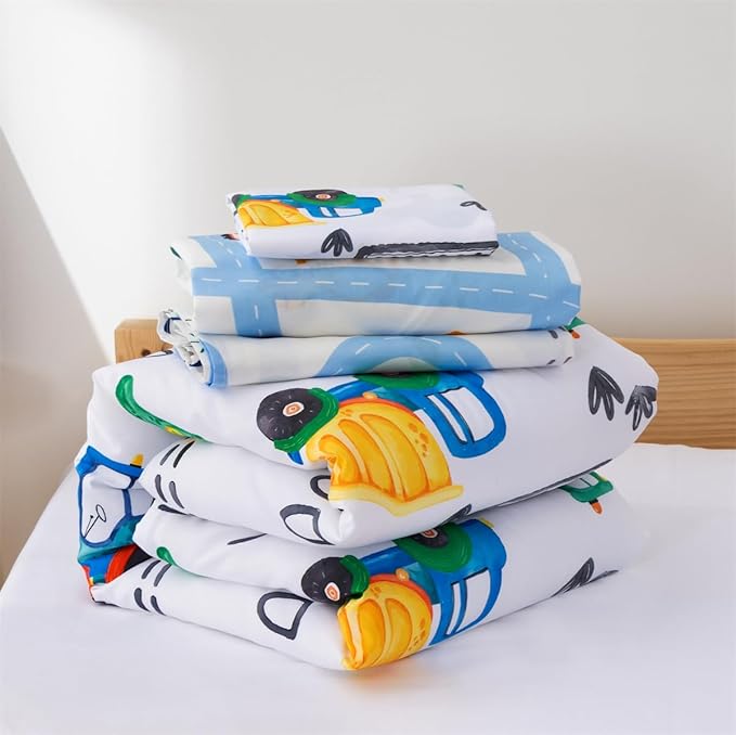 NTBED 4 Pieces Construction Toddler Bedding Set for Baby Boys,Watercolor Truck Vehicles Excavator Cars Printed, Includes Comforter, Flat Sheet, Fitted Sheet and Pillowcase,Multi