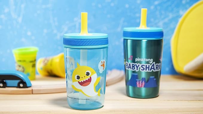 Zak Designs Baby Shark Kelso Tumbler Set, Leak-Proof Screw-On Lid with Straw, Bundle for Kids Includes Plastic and Stainless Steel Cups with Bonus Sipper (3pc Set, Non-BPA)15 fl oz.