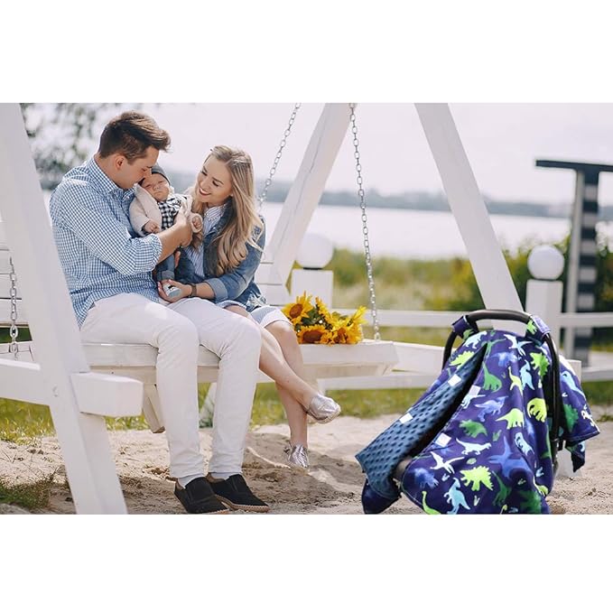 TANOFAR Car Seat Cover Baby, Carseat Covers Baby Boy Girl, Peekaboo Opening Infant Car Seat Cover for Winter, Warm & Cozy, Blue Dinosaur