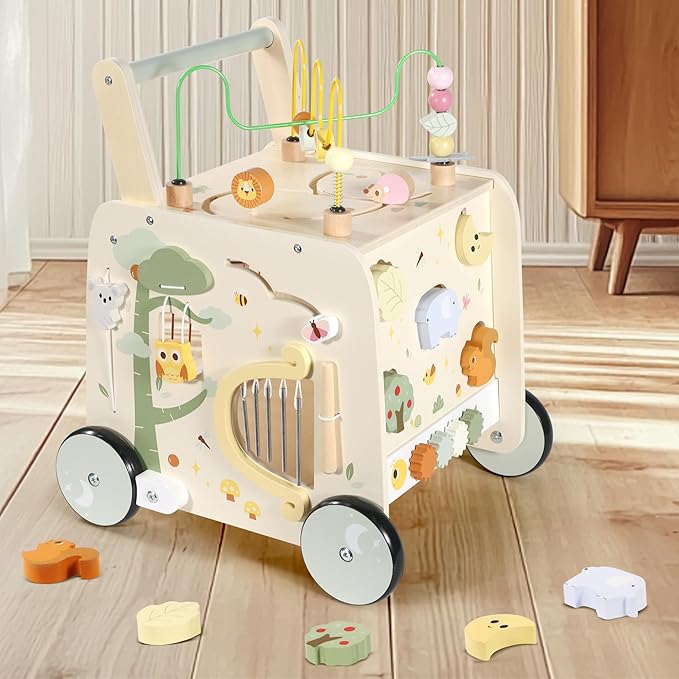 Wooden Activity Cube Push Walker, Wooden Baby Walker, Montessori Push Toys for Babies Learning to Walk & Sit-to-Stand