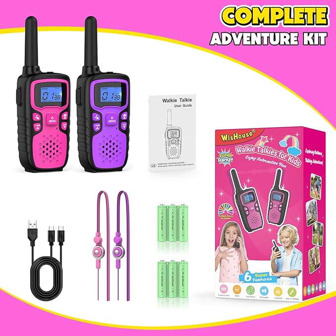 Wishouse Walkie Talkies for Kids Rechargeable Long Range,Xmas Birthday Gift for 4 5 6 7 8 9 Year Old Girls,Hiking Gear Camping Games Cool Toys with NOAA,SOS Siren,Lamp,Lanyards,Easy to Use,2 Pack