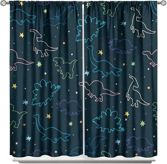 Cartoon Colorful Dinosaur Curtains for Kids Boys Girls Home Decor, Astronaut Funny Outer Space Star Blackout Rod Pocket Window Drapes for Bedroom Living Room W31.5xL63in 2 Panels