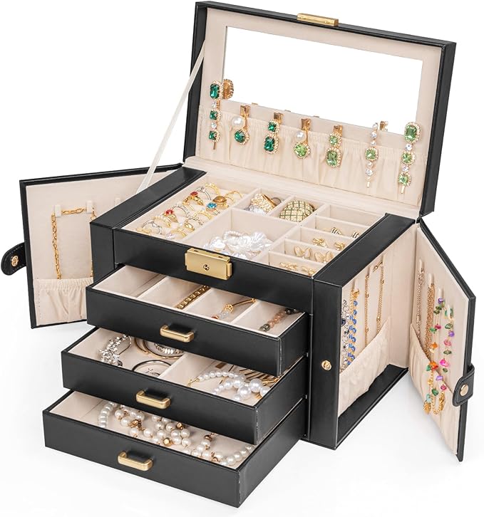 AKOZLIN Large 4-Tier Jewelry Box Leather Jewelry Storage Organizer with 3 Drawers Lockable for Women Girls Ring Necklace Earring Bracelet Watches Holder with Mirror Black
