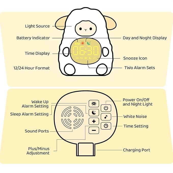 Sheep Alarm Clock with Night Light for Kids with Sleep Training and Sound Machine, Rechargeable Silicone Lamp OK to Wake Clock,Cute Animal Tabletop Lamp, Perfect Sleep Companion for Boys Girls
