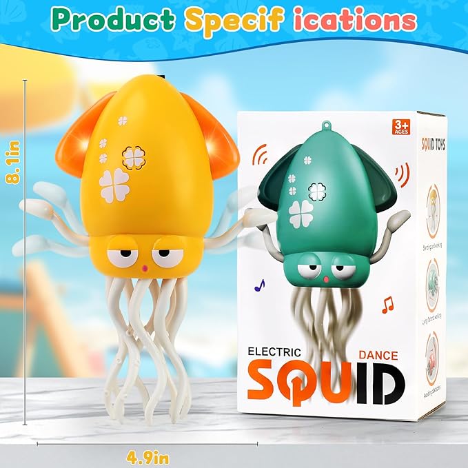USB Rechargeable Dancing Octopus Baby Toy - Electric Crawling & Tummy Time Toy, Magical Musical Squid, Birthday for Kids Ages 1 2 3 4 5 6, Boys & Girls (Yellow)