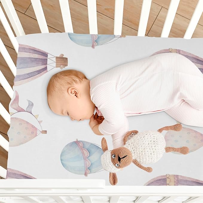 Watercolor Hot Air Balloon Crib Sheets for Boys and Girls, Fitted Baby Crib Sheets Soft and Breathable Mini Crib Sheets 52 X 28 X 9 Inches