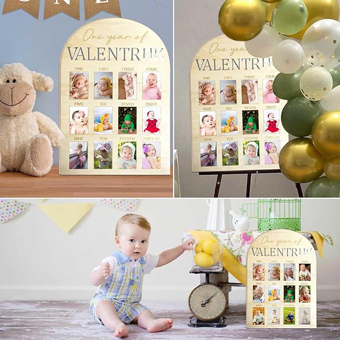 One Year Of Photo Board My First Year Milestone Board 12 Monthly Picture Frame Baby's First Year Wood Photo Board Acrylic Mirror Letters 1st Birthday Decoration Baby Keepsake Gift (2" x 3" photos - Wallet Size)