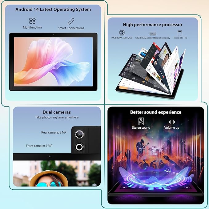 Tablet 10 inch Android 14, Octa-Core, 10GB RAM 64GB ROM 1TB Expandable, Widevine L1, 1280x800 IPS Touchscreen, BT 5.4, Dual Camera with Flash (Black)