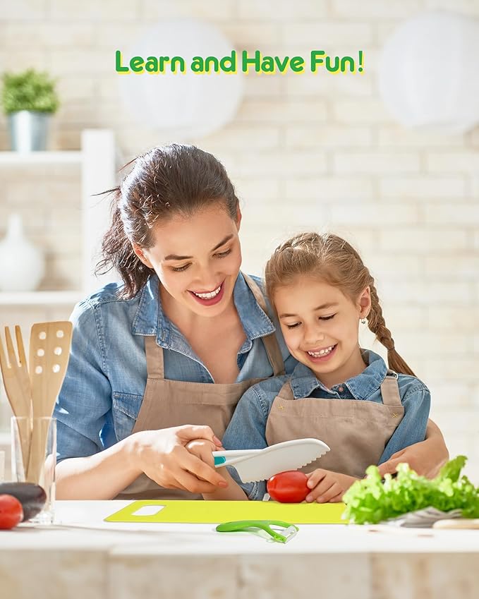 Kids Knife Set, 5 Pcs Montessori Kitchen Tools for Toddlers' Real Cooking, BPA Free Kids Safe Kitchen Cooking and Baking Set with Peeler, Cutting Board for Sandwich Bread Vegetable Fruit Present Gift