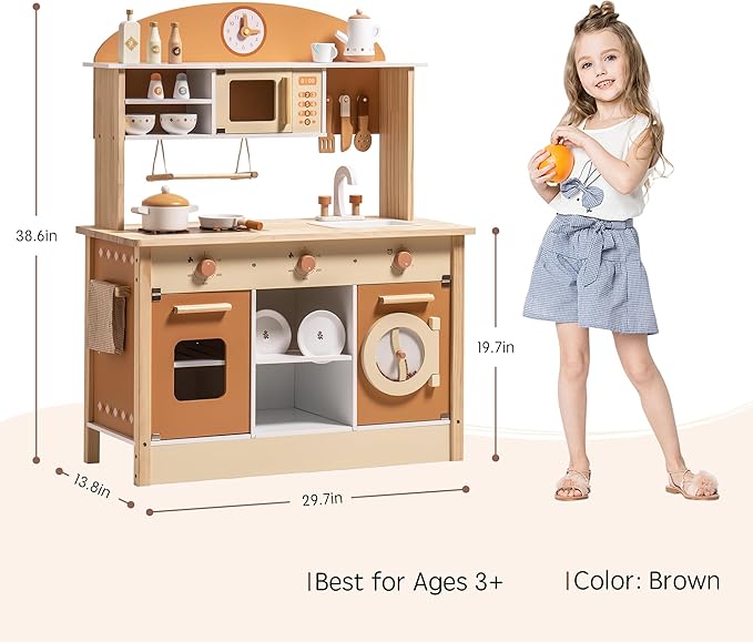 ROBOTIME Wooden Play Kitchen Set, Play Kitchen Set for Kids with Realistic Design, Kids & Toddlers Kitchen Playset with Dishwasher, Toy Kitchen Set for Boys and Girls Ages 3+ (Brown)