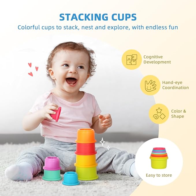 OOOK Montessori Toys for 1 Year Old, 7 in 1 Learning Educational Kit with Sensory Bin,Nesting Box, 3 in 1 Educational Box,Pounding Bench and Baby Stacking Cups