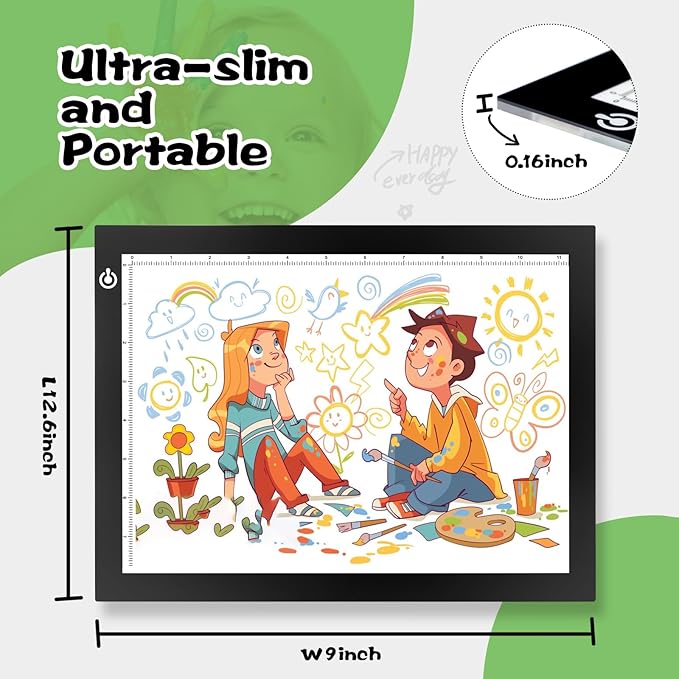 KIVOTAC 9x12 Inch LED Light Pad, Ultra-Thin USB Powered Bright Light up Box Adjustable Light Table for Drawing, Weeding Vinyl, Diamond Art, Sketching, Tracing and Animation
