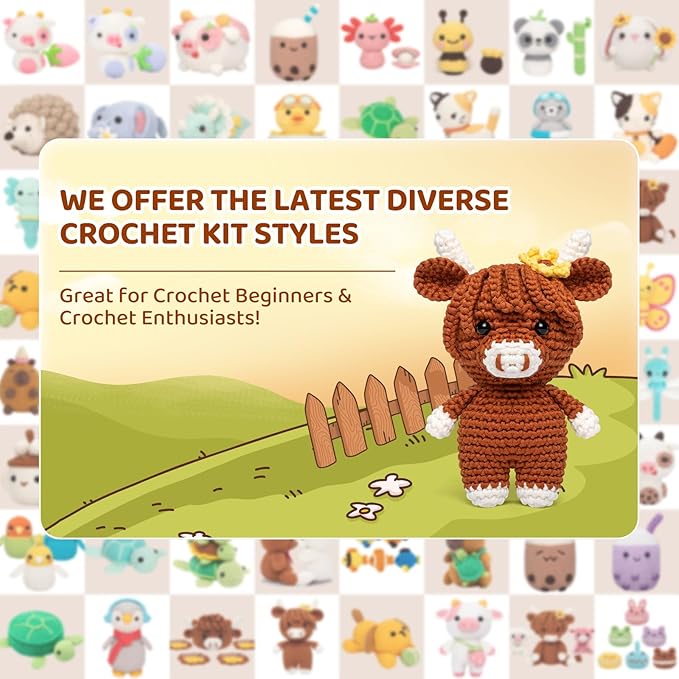 Mewaii Crochet Kit for Beginners Level 3 with 40% Extra Eco-Friendly Pre-Started Easy Yarn, Step-by-Step Video Tutorials for Adults and Kids (Hug Highland Cow)