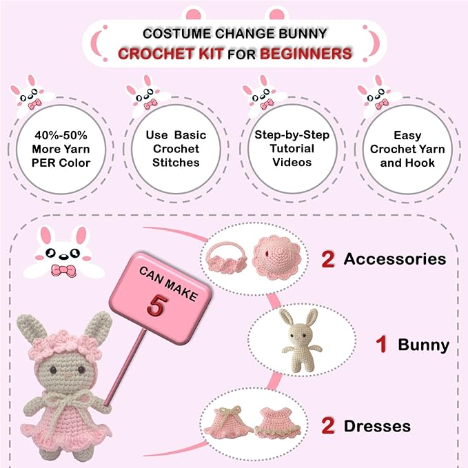 LoopMap Beginner Crochet Kit for Adults & Kids - DIY Amigurumi Bunny with Removable Dress & Accessories - Step-by-Step Video Tutorials, Extra Yarn, Crochet Tools - Handmade Gift (Bunny-Pink)