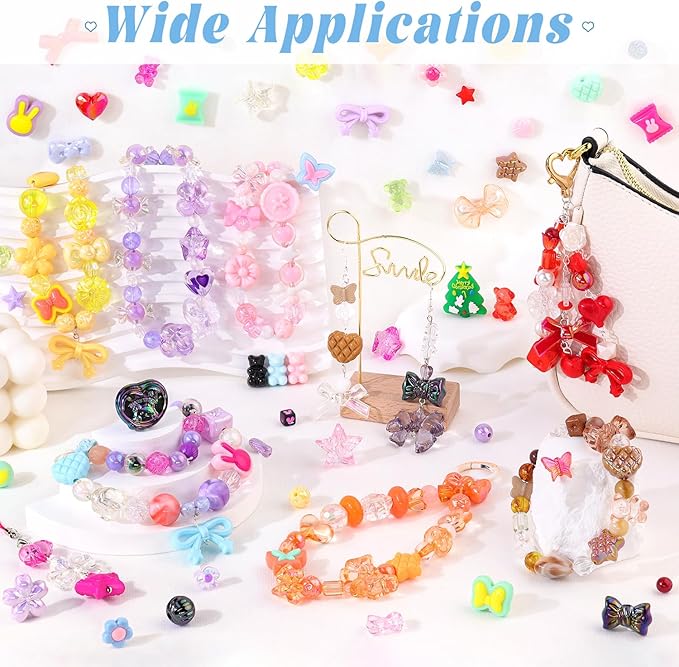 Assorted 170-230PCS Mixed Colors Acrylic Beads for Bracelet Making, Flower Bow Butterfly GummyBear Aesthetic Bracelet Charms,Cute Beads for Jewelry Making DIY Necklace Keychain Phone Charm