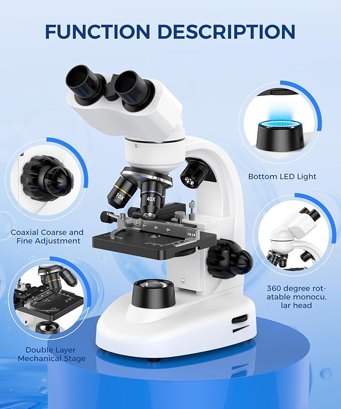 Compound Binocular Microscope for Kids & Students, 40X-2000X Magnification, Microscope Kit with Slides & Specimens, Lab Equipment for School Biology Class & Home Science Experiments