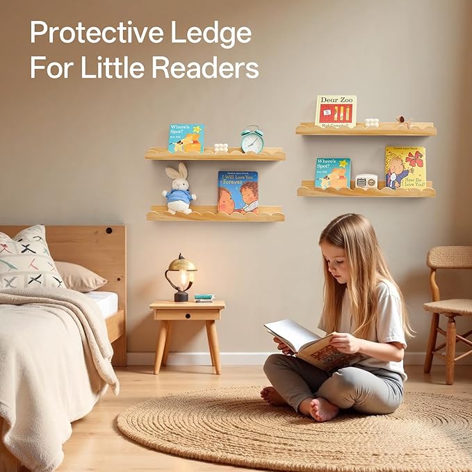 Nursery Book Shelves, Scalloped Floating Shelves Set of 2 Solid Pine Wood Wall Mounted Bookshelf with Wave Lip for Bedroom Kids, Toddler Room, Baby Room 24inch Natural