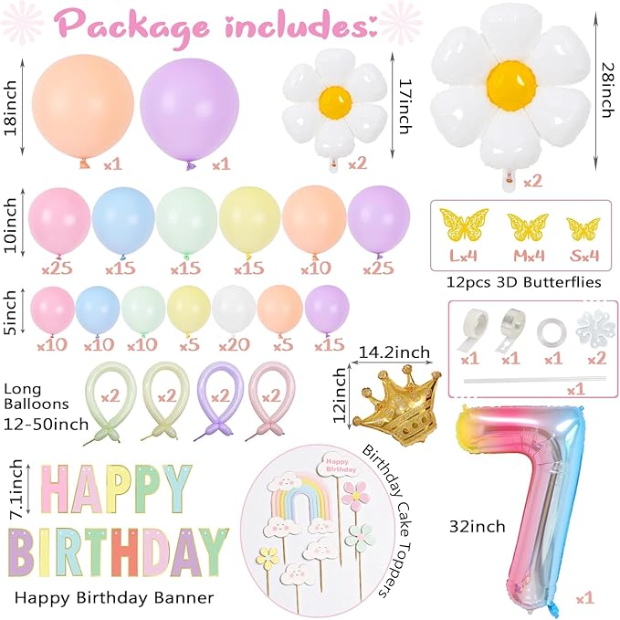Pastel 7th Birthday Decorations for Girls 219Pcs Daisy Balloon Garland Kit, 18 10 5 Inch Pastel Rainbow Balloons Arch, Number 7 Balloons for 7 Year Old Birthday Party Decorations
