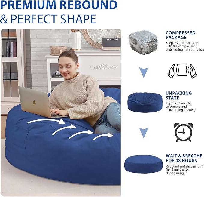 7FT Bean Bag Chair, Large Bean Bag Chairs with Memory Foam Filled, Fluffy Beanbag Sofa with Dutch Velvet Cover, Round BeanBag Chairs for Living Room, Playroom - Blue