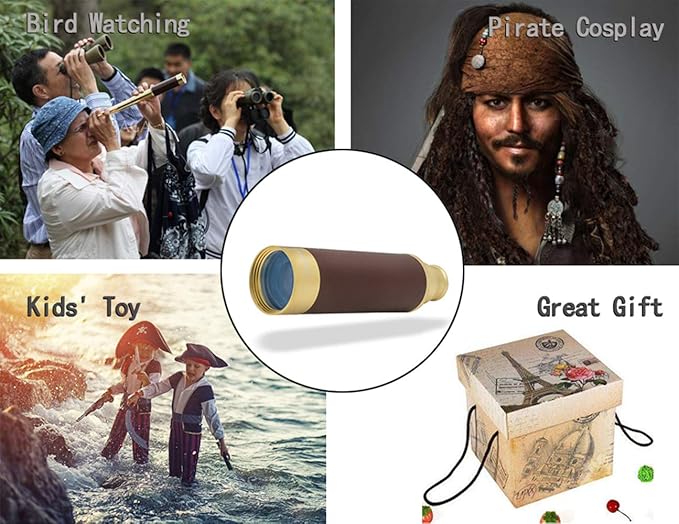 Retro Pirate Telescope Zoomable 25x30 Spyglass Portable Collapsible Handheld Telescope Vintage Monocular for Kids & Survival Gear Compass Pocket Military Compass for Camping Boating