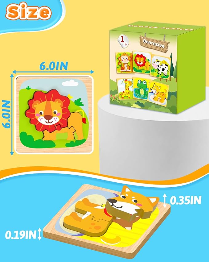 Benresive Wooden Toddler Puzzles, 6pcs Animal Montessori Toys for 1-3 Year Old Boys & Girls, Learning Educational Preschool Toys, Great Gifts for 1 2 3 Year Olds