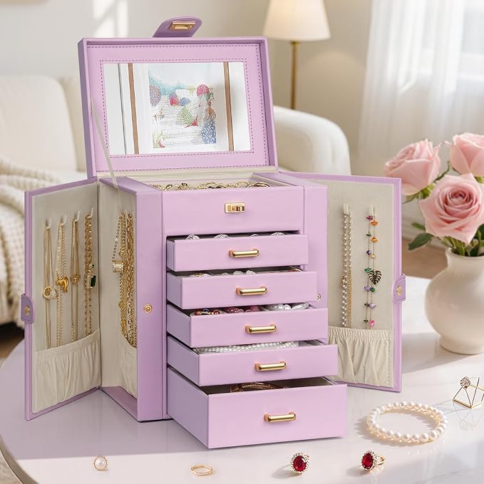 AKOZLIN Jewelry Box Organizer Functional Leather Jewelry Storage Case for Women Girls Ring Necklace Earring Bracelet Holder Organizer with Mirror