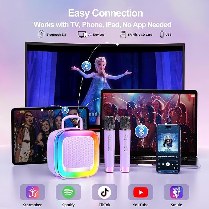 Kinglucky Karaoke Machine for Kids Girls Ages 3-12 with 2 Light-Up Microphones, Bigger Size Yet Portable Bluetooth Speaker with Voice Effects for Birthday, Family Fun & Party (Purple)