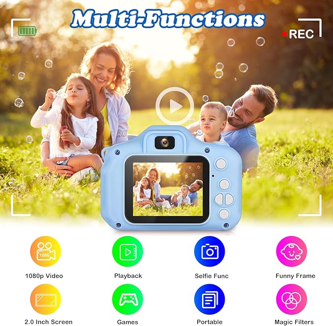 Kids Camera, HD Digital Video Camera, Childrens Toys for 3 4 5 6 7 8 9 Year Old Boys/Girls, Selfie Camera for Kids, Christmas Birthday Gifts with 32GB SD Card (Blue)